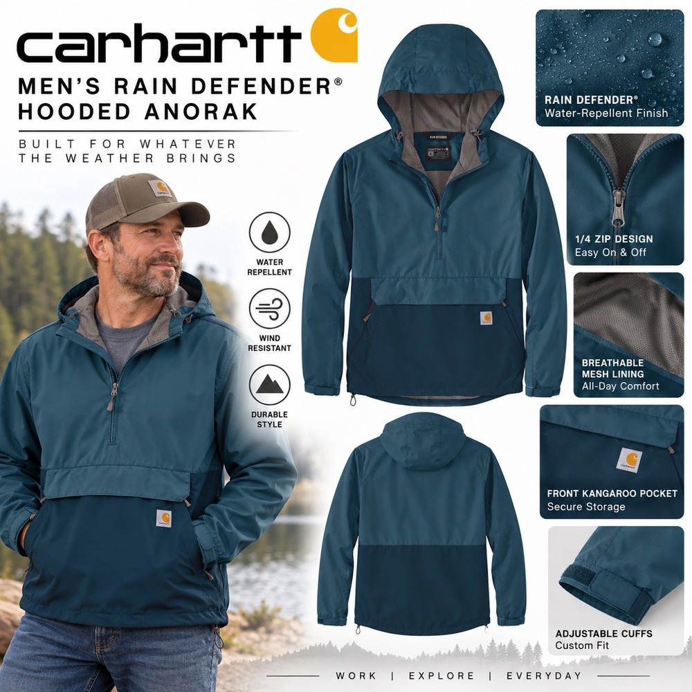 Carhartt Rain Defender Anorak Jacket Mens Large Blue Hooded 1/4 Zip NWT